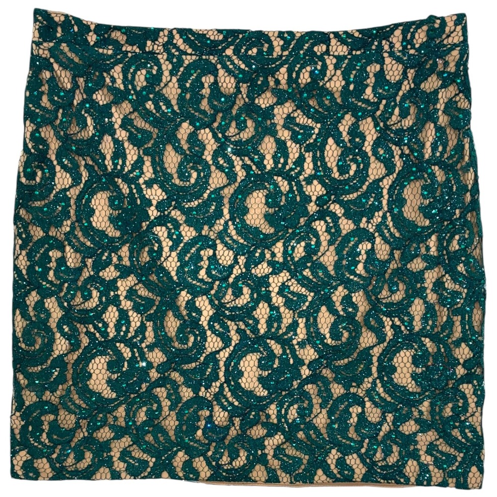 Abby Paris Teal Glitter Lace Mini Skirt Lined‎ Party Prom Cocktail Size 16 NWOT
